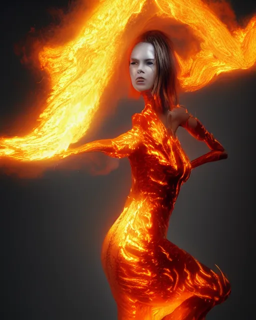 Image similar to female fire elemental wearing burning dress engulfed in large glowing flames, Alexander McQueen, Elden Ring, fashion photoshoot, artgerm, octane render, hyper realistic, extreme detail, trending on artstation