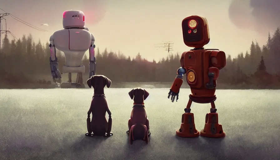Prompt: tall cute robot being friends of a labrador, by Simon Stalenhag, unreal engine, octane render, 8k