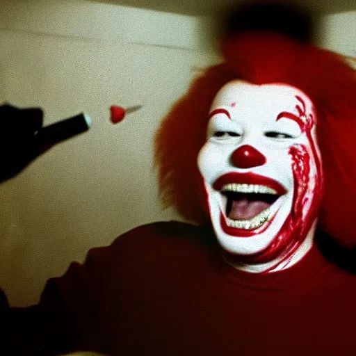 Image similar to creppy 2 0 0 1 photo of ronald mcdonald screaming in a dark room