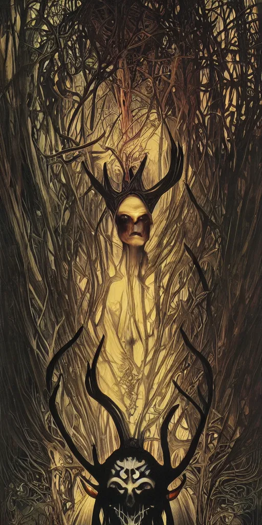 Prompt: intense glowing black metal pagan god with antlers and intense glowing eyes with a goat skull in very dark forest by karol bak and alphonse mucha, portrait, fantasy, clear, light beams, lens flare, intense, by josan gonzales and moebius, clean thick line, comics style, studio muti, malika favre, rhads, makoto