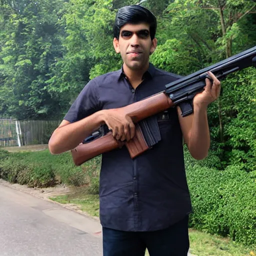 Image similar to Medium shot photograph of Rishi Sunak politician holding an AK-47, 8k, ultrahd