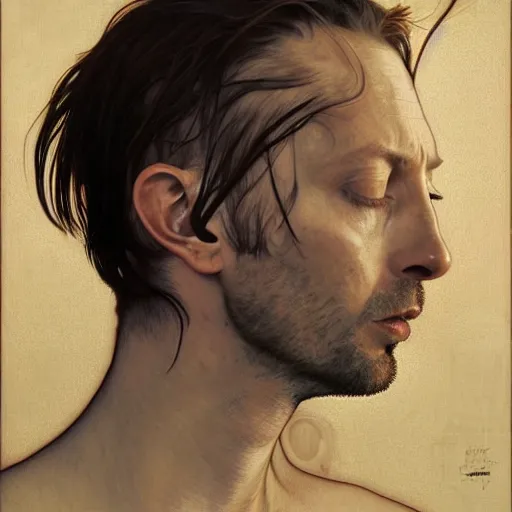 Image similar to hyper realistic portrait of cleanshaven thom yorke hairless, variations singer songwriter ok computer, ( side ) profile, liminal space, by lee bermejo, alphonse mucha and greg rutkowski, no beard, smooth face