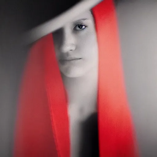 Image similar to half - length portrait of girl in a red hat and black dress, fine art portrait photography by paolo roversi, volumetric lighting, very detailed, high resolution,