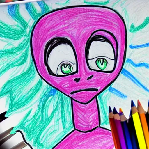 Image similar to children's drawing of a generic alien being drawng with crayons