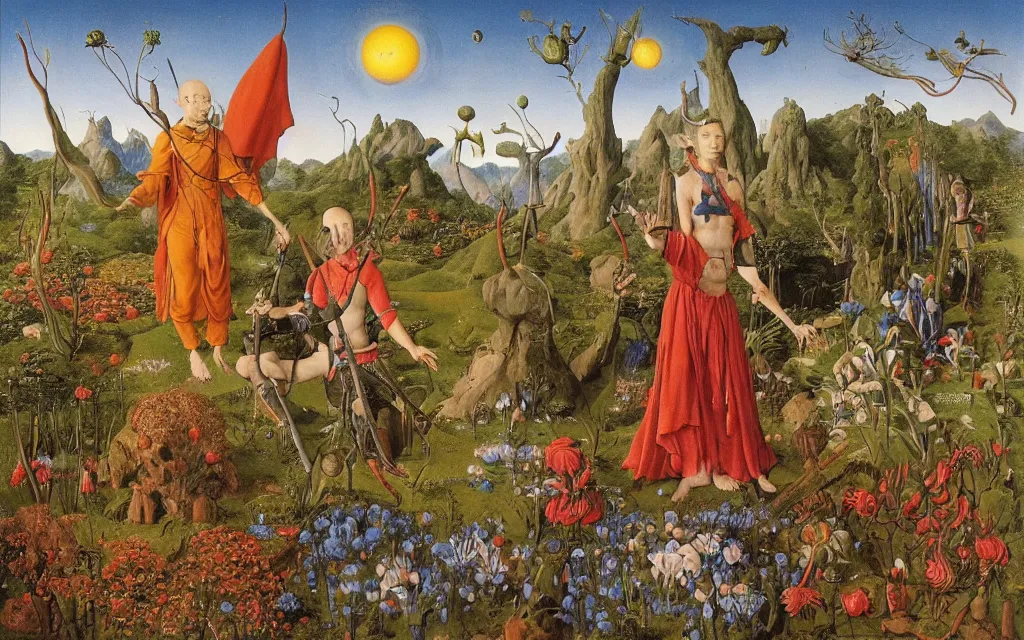 Image similar to a portrait photograph of a meditating elf and a centaur monk riding a rocket machine and hunting at a river delta. surrounded by bulbous flowers and trees. mountain range under a blue sky of fiery stars. by jan van eyck, max ernst, ernst haeckel, ernst fuchs and artgerm, cgsociety, fashion editorial, 8 k