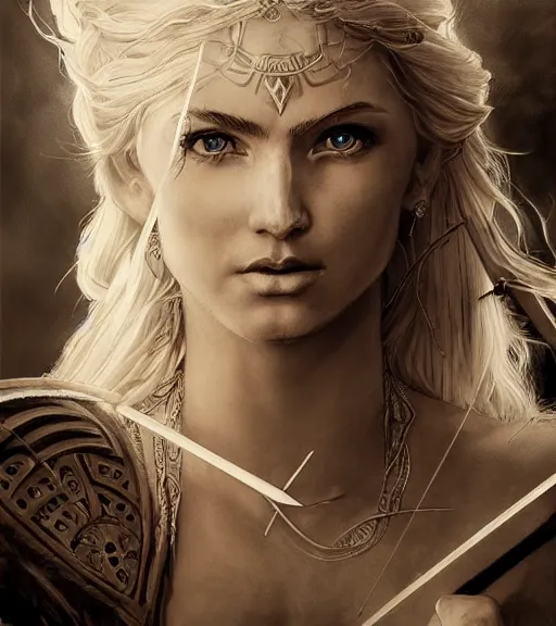 Image similar to portrait of astonishing aphrodite goddess as an archer warrior, arrow, beautiful piercing eyes, flowing blonde hair, realistic face, black and white drawing, in the style of greg rutkowski, fantasy, amazing detail, epic, intricate, elegant, smooth, sharp focus