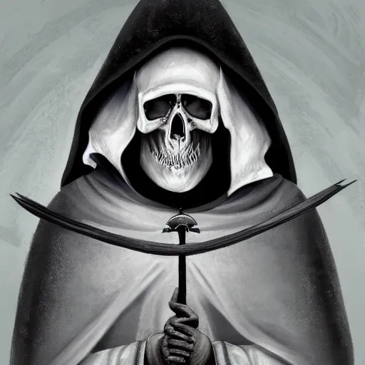 Image similar to a man with a skull head in a grey cloak holding his black spear up to the sky, Digital art