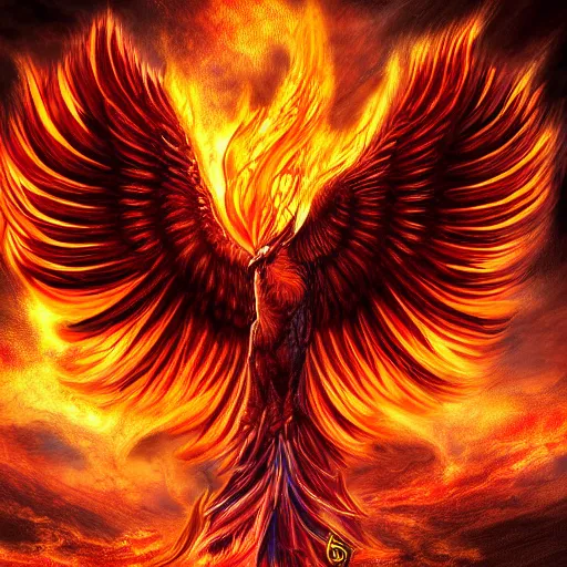 Image similar to realistic phoenix reincarnation in flames, detailed digital art