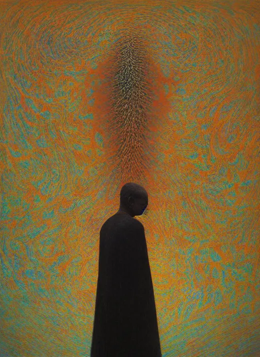 Prompt: dramatic portrait painting of human with black mandelbrot fractal instead of face, in style of zdzisław beksinski,