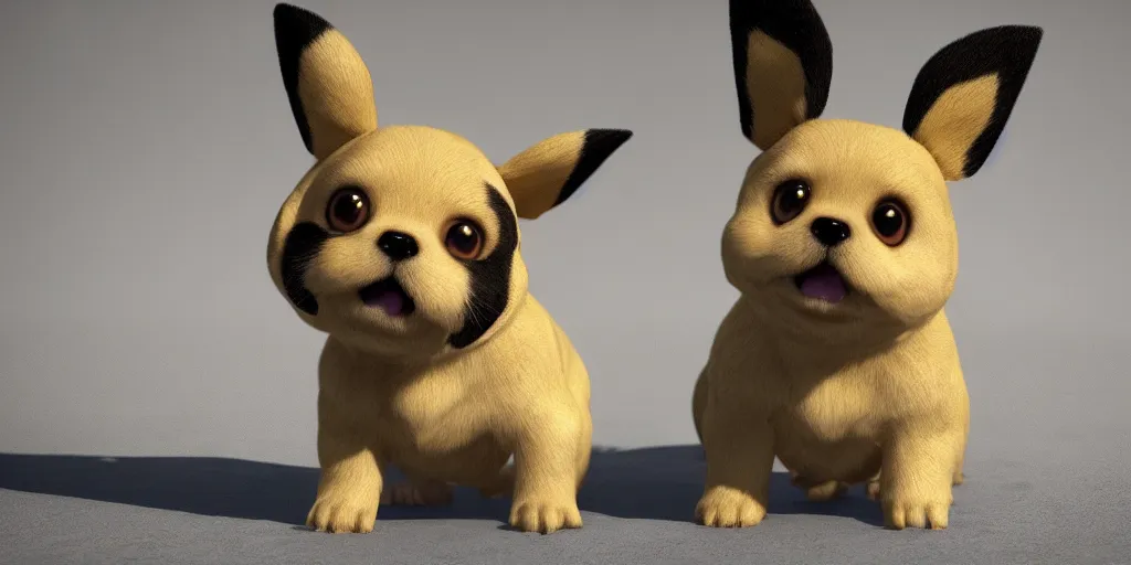 Image similar to a puppy that looks like a pikachu, unreal 5, hyperrealistic, realistic, photorealistic, dynamic lighting, highly detailed, cinematic landscape, studio landscape, studio lighting