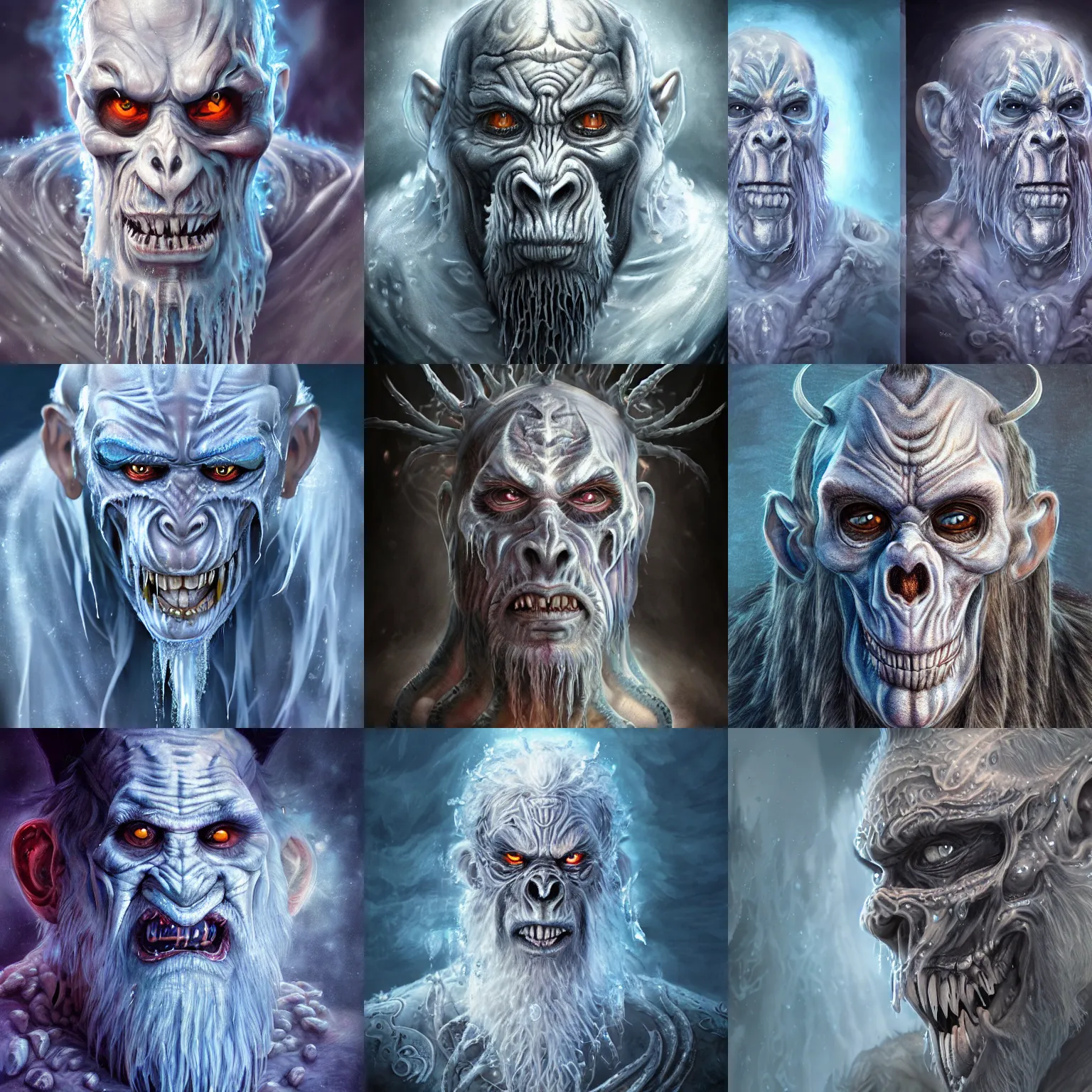 Image similar to a wlop 3 d render of very very very very highly detailed beautiful mystic portrait of a horror ice phantom ape demon with tattoos and frosty background by anton pieck, intricate, extremely detailed, digital painting, artstation, concept art, smooth, sharp focus, illustration, intimidating lighting, incredible art,