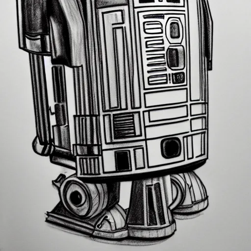 Prompt: full body black and white pencil sketch of muscular R2D2