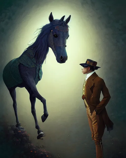 Image similar to anthropomorphic art of a detective horse bojack, victorian inspired clothing by artgerm, victo ngai, ryohei hase, artstation. fractal papersand books. highly detailed digital painting, smooth, global illumination, fantasy art by greg rutkowsky, karl spitzweg