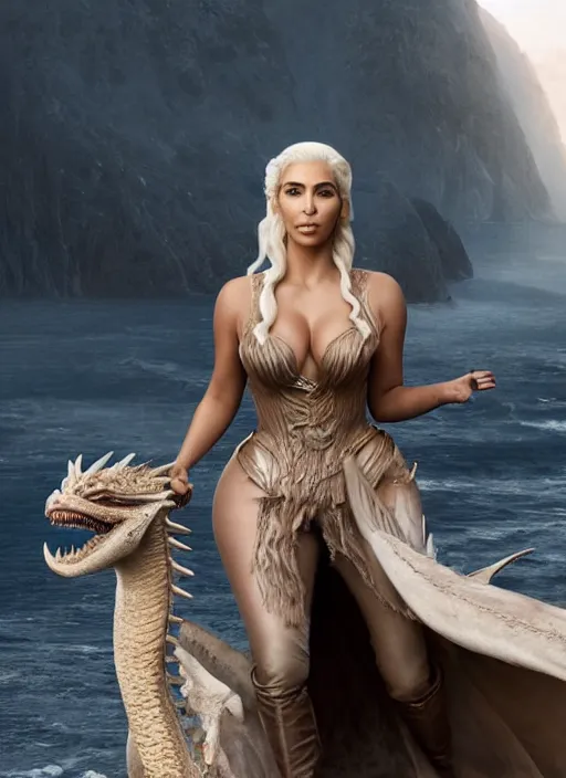 Image similar to full-body photograph of Kim Kardashian as Daenerys Targaryen riding a dragon, XF IQ4, 150MP, 50mm, F1.4, ISO 200, 1/160s, natural light