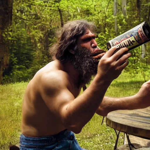 Image similar to photo of ancient caveman shotgunning a single beer can, full body, high detail, ultra realistic, 4k UHD, pristine