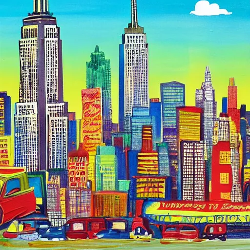 Prompt: the skyline of new york, condiments on canvas, napkin expressionism, 60s diner