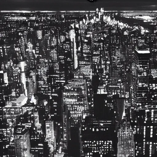 Image similar to a photograph of a ufo above new york taken by a phone camera, black and white