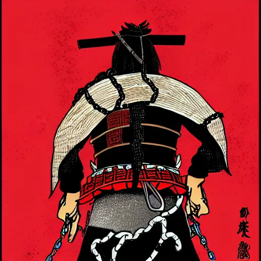 Image similar to a portrait from behind of a samurai man vagabond with a moon behind him, the samurai is wrapped in chains, detailed, illustration, concept art, ink style, sketch