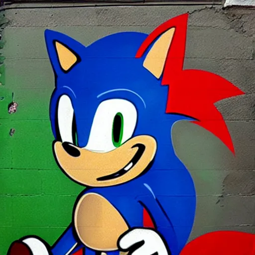 Prompt: graffiti of sonic the hedgehog, by banksy