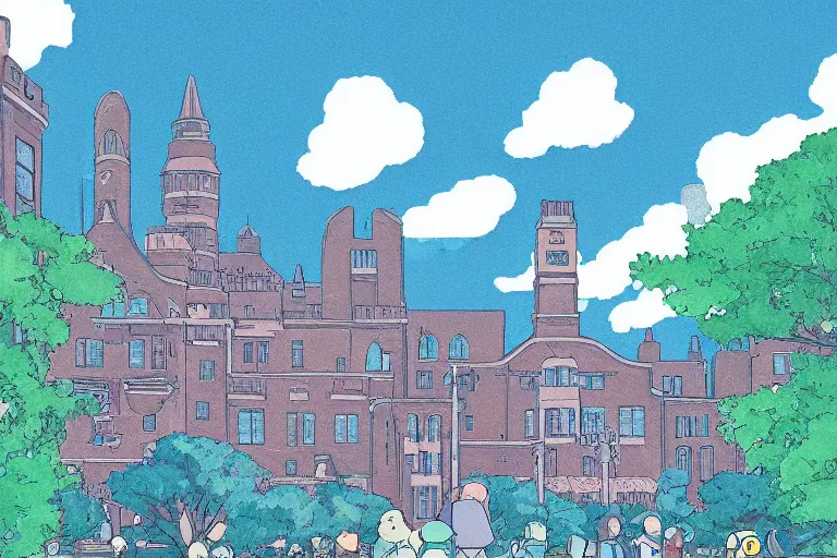 Prompt: University of Michigan in Ann Arbor, ghibli style, illustration, azure tones, vintage colors, trending on artstation