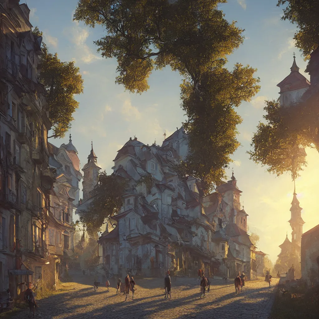 Image similar to a beautiful photo of banska stiavnica in summer with old houses and trees in sunset, sky, people walking on street, unreal engine, by greg rutkowski and james gurney, artstation