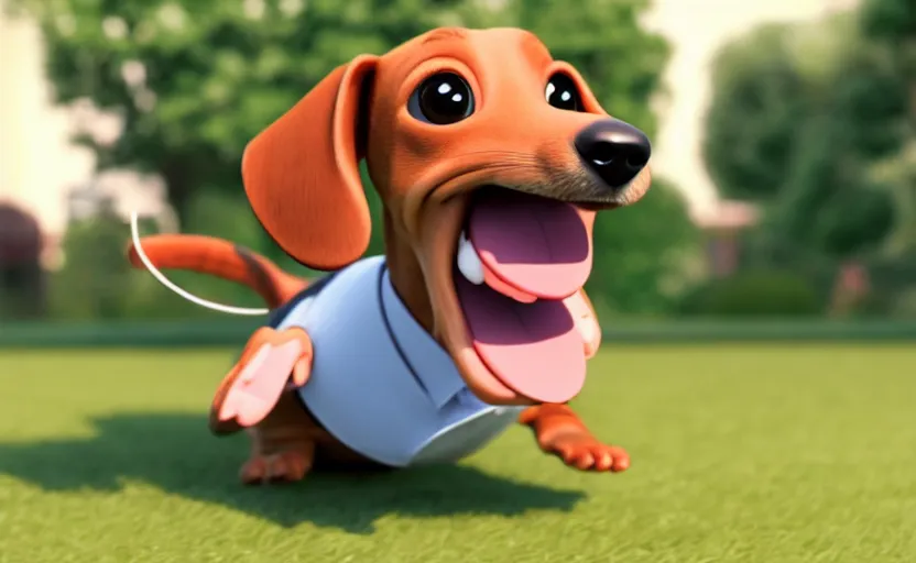 Image similar to happy dachshund catching a ball, suit, business outfit, cgi, 3 d animation, pixar