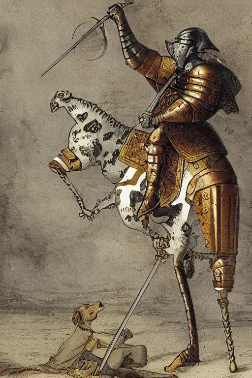 Prompt: a photo of a medieval knight in armor riding a giraffe