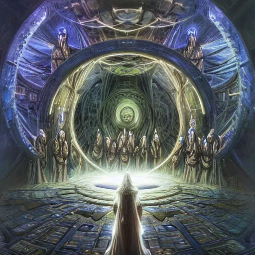 Image similar to a quantum computer, a dark cabal of multiple hooded elven mystics in long robes gathered in a circular formation around a quantum computer, highly advanced technology, dan seagrave, michael whelan art, beautifully detailed epic scifi fantasy art, symmetrical, cgsociety, artstation