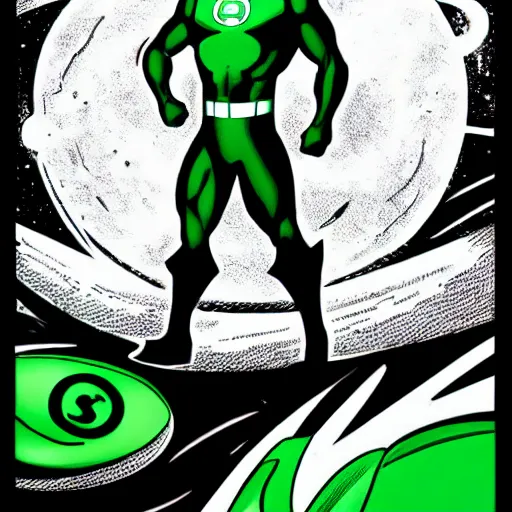 Image similar to comic Green Lantern in black and white uniform in space standing infront of the moon, HQ, comic style