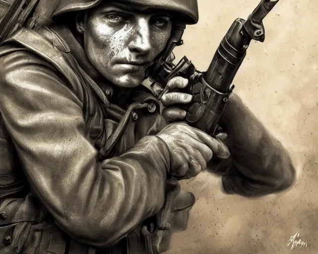 Image similar to A soldier aiming a gun, face in despair, world war 1, close-up, realistic face, beautiful face detail, mature facial features, black and white, amazing digital art, hyper detailed, artstation, in the style of Tony Sart