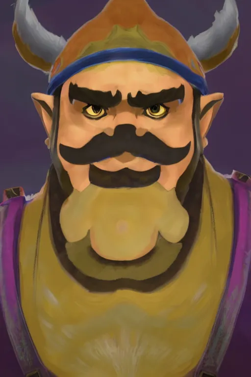 Image similar to a portrait of wario from the legend of zelda breath of the wild, breath of the wild art style.