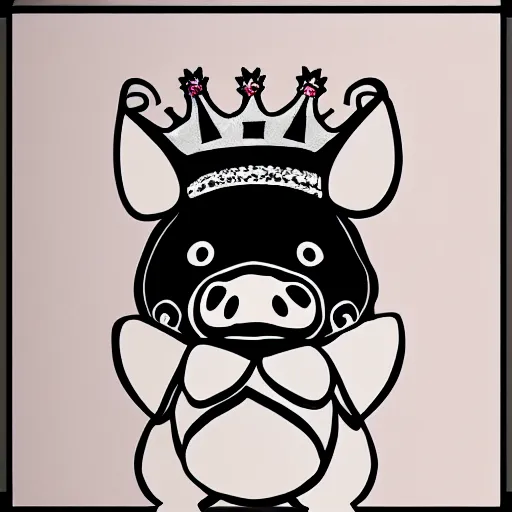 Image similar to pig wearing crown, anime style art, black and white, 30mm