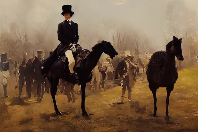 Image similar to portrait of a respectable dignified royal business elite politician wearing a top hat and coat tails riding on an emu, art by anders zorn, wonderful masterpiece by greg rutkowski, beautiful cinematic light, american romanticism by greg manchess, jessica rossier