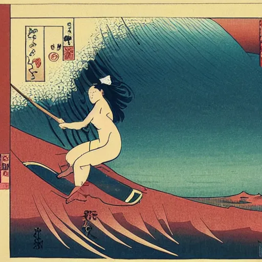 Image similar to girl surfing, woodblock print, style of hokusai, fine art, style of kanagawa, painting