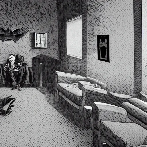 Prompt: a picture of batman sitting in a therapists office, 4 k, ultra detailed, luminist style, by m c escher