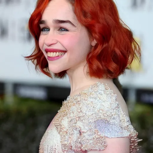 Image similar to Emilia Clarke as a young redhead, wild hairstyle, smiling