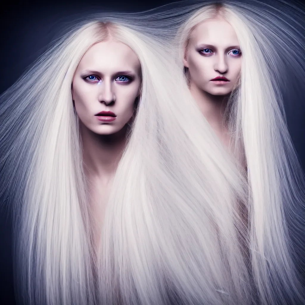 Image similar to portrait of a single woman with long blond hair dressed in long white, fine art photography light painting in style of Paolo Roversi, professional studio lighting, dark background, hyper realistic photography, fashion magazine style