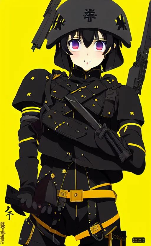 Prompt: anime portrait of a vicious helldiver scout soldier, black armor with yellow accents, ilya kuvshinov, anime, pixiv top monthly, trending on artstation, cinematic, danbooru, zerochan art, kyoto animation