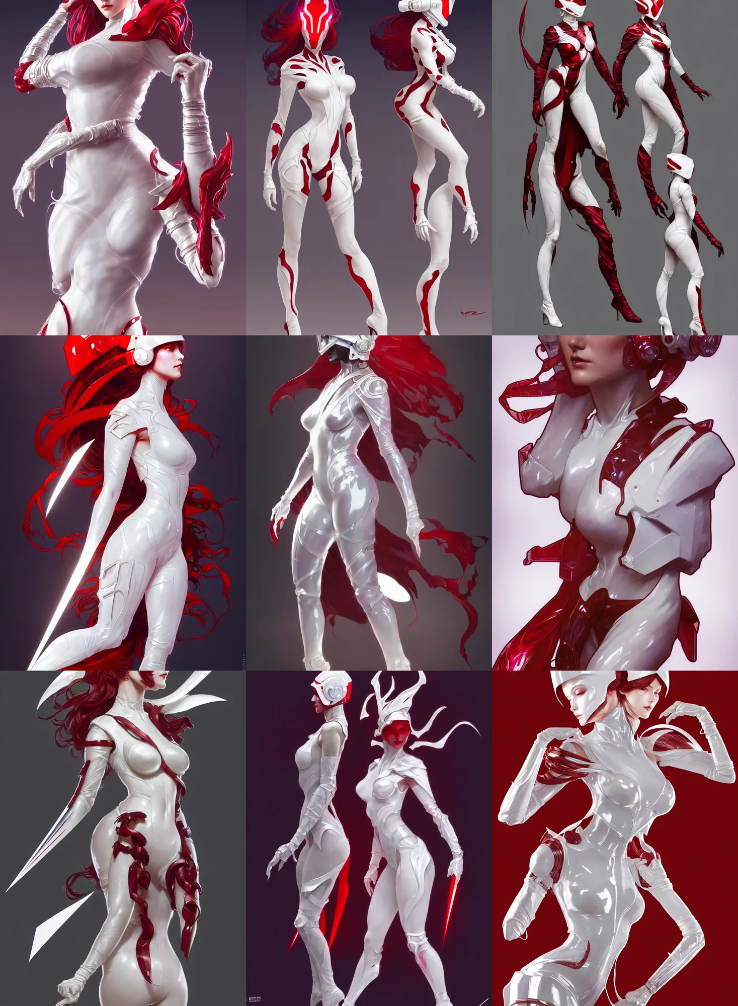 Prompt: a full body character design by artgerm, greg rutkowski and alphonse mucha. sci - fi dagger. white and red translucent plastic tape project show attctive showgirl!! sci - fi helmet!! sharp edges. contour light effect!!. ultra detailed, elegant, intricate, octane render.