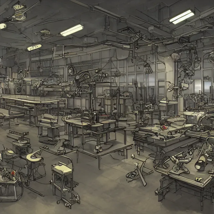 Image similar to highly detailed weapons laboratory, with research, robot arms, tables, parts, windows. Extremely detailed digital art.