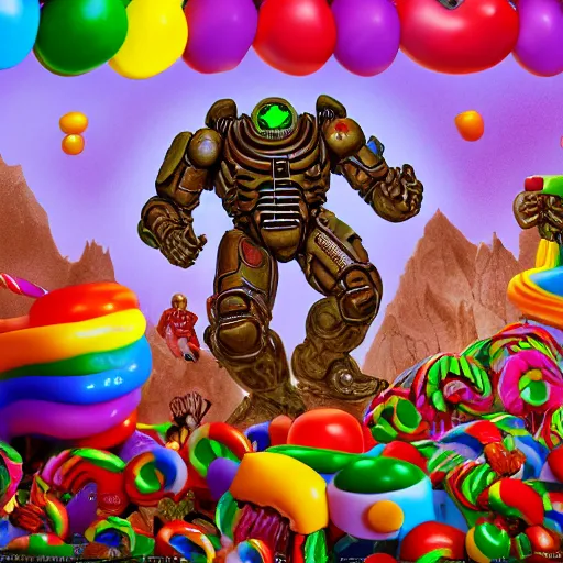 Prompt: Doom Guy's adventure in Candy Land, 4k, 8k, highly detailed, digital art, trending on artstation