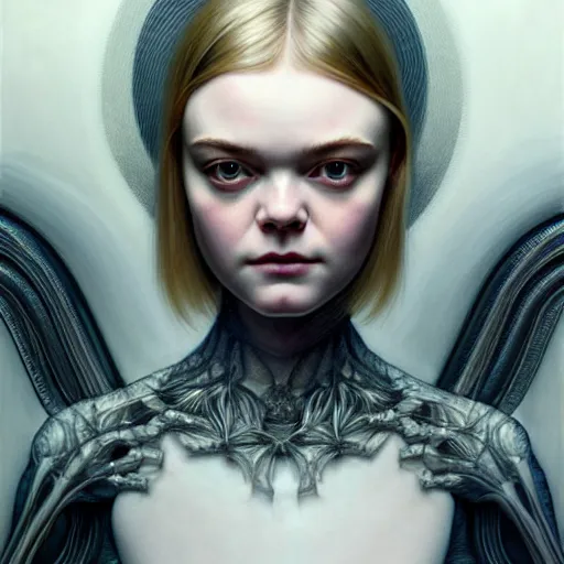 Prompt: symmetry!! portrait of elle fanning in prey in the world of h. r. giger, horror, fashion, dark!! intricate, elegant, highly detailed, digital painting, artstation, concept art, smooth, sharp focus, illustration, art by artgerm and greg rutkowski and alphonse mucha