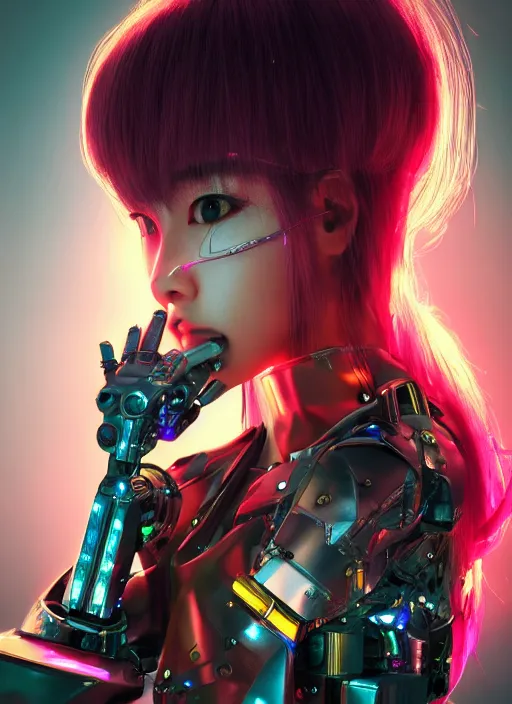 Prompt: a highly detailed portrait of a kpop idol mecha girls in spiked cyberpunk bioarmor trending on artstation by yoshitake amano, cyberpunk light, holographic undertones, 3 d cg, octane rendered, futuristic, 2 k aesthetic, dramatic lighting, 4 k, highly saturated colors