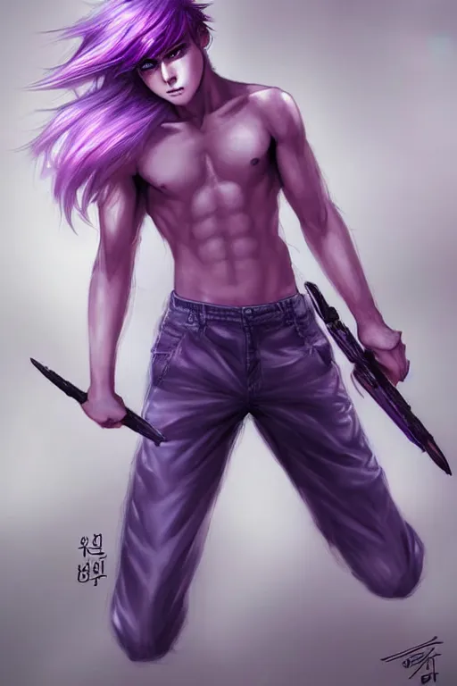 Image similar to gorgeous!!! hyper - realistic teenager boy with purple hair, purple eyes with red eye markets, slim body, wearing combat japanese clothes, holding a fan | drawn by wlop, drawn by jeehyung lee, drawn by artgerm | intricate, highly detailed, digital painting, character design, concept art, illustration, artstation