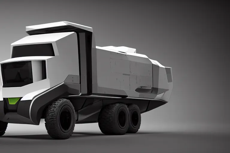 Image similar to still photo of a futuristic remote control truck, highly detailed, photorealistic portrait, bright studio setting, studio lighting, crisp quality and light reflections, unreal engine 5 quality render