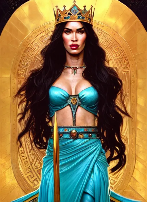 Prompt: portrait of megan fox as a queen, throne, jewelry, greek, turquoise, intricate, headshot, highly detailed, digital painting, artstation, concept art, sharp focus, cinematic lighting, illustration, art by artgerm and greg rutkowski, alphonse mucha, cgsociety