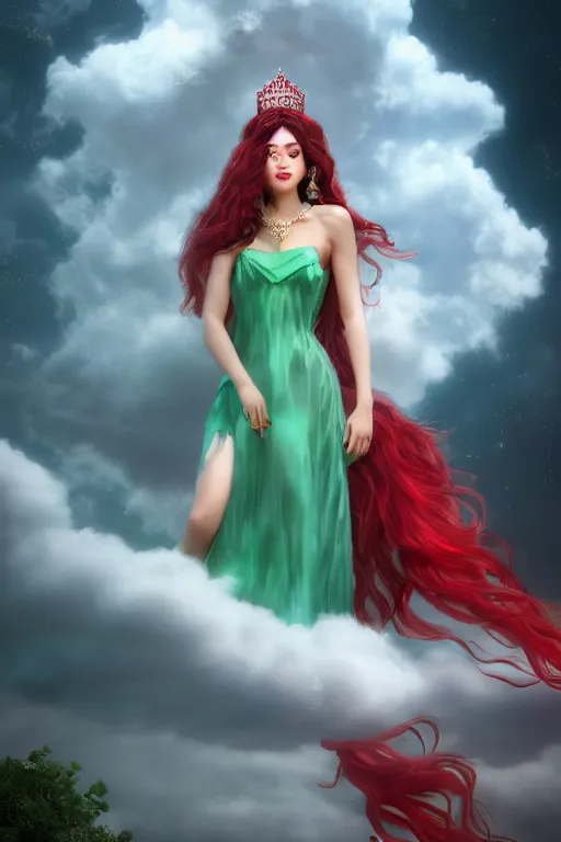 Image similar to dreamy beautiful persian asian princess in clouds, green eyes, red dress, long black curly hair, smiling, wearing a diamond tiara, face, highly detailed, artstation, concept art, sharp focus, hyper realistic, octane render, unreal engine, 8 k