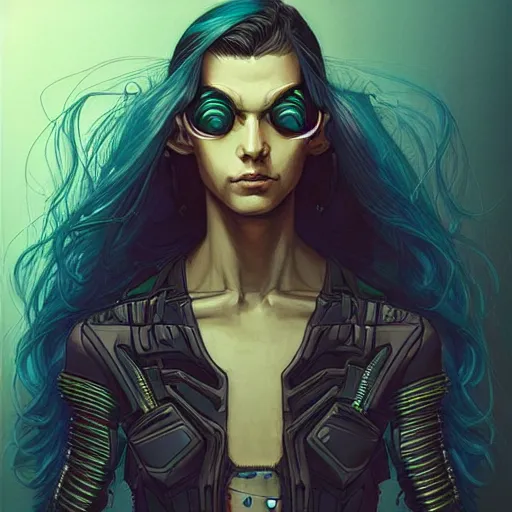 Image similar to portrait painting of a cyberpunk androgynous elf with beautiful flowing black hair and eyes, sharp focus, award - winning, trending on artstation, masterpiece, highly detailed, intricate. art by josan gonzales and moebius and deathburger