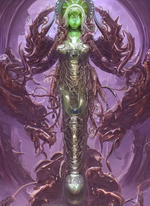 Image similar to ultradetailed ornate sci-fi RPG character illustration of a beautiful symmetric Medusa radiating a majestic glowing aura wearing a cyberpunk armor with decorum while fighting eldritch horrors, smooth digital airbrush painting, 3d rim light, hyperrealistic, masterpiece, artstation, cgsociety, concept art, kodakchrome