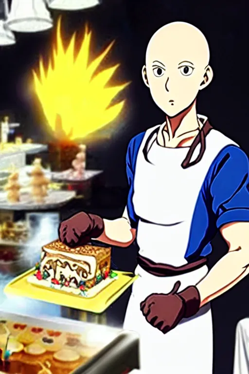 Image similar to chef saitama one punch man, dressed as a pastry chef, making a cake, anime artwork